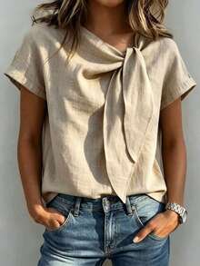 New French Vintage Elegant Women's Short Sleeve Waist-Cinching Top With Ribbon Summer - Khaki - View 1