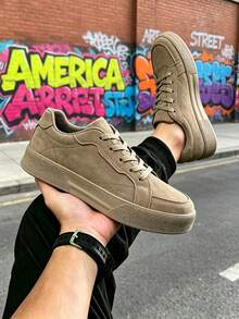 Men's Tan Nubuck Lace-Up Sneakers With Durable EVA Platform Outsole And Contrast Stitching Details - Brown - View 3