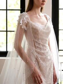 Pearl Long Cape Bridal Shoulder Veil Wedding Accessory - Multicolor - View 2