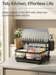 Two-Tier Multifunctional Kitchen Sink Dish Drying Storage Organizer System, Stainless Steel Dish Rack With Drain Tray, Independent Storage Zones For Plates, Cutlery, Knives And Cutting Boards, Space-Saving Large Capacity Kitchen Organizer - Black - View 8