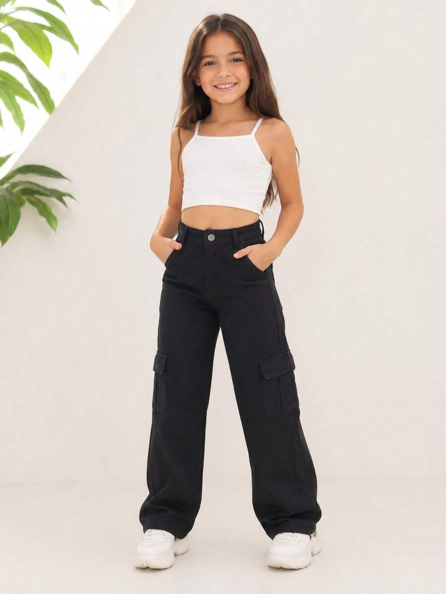 Wide Leg Youth Cargo Pants - Negro - Ver 1