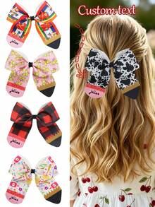 Custom Back To School Girls' Bow Hairclips, Leopard Print & Plaid Pencil Pattern Printed Hair Clips - Multicolor - View 7