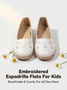 Girls Embroidered Straw Sole Kids Flat Shoes, Soft Round Toe Low Top Casual Shoes For Outdoor & School Performance, All Seasons Wear - Beige - View 4