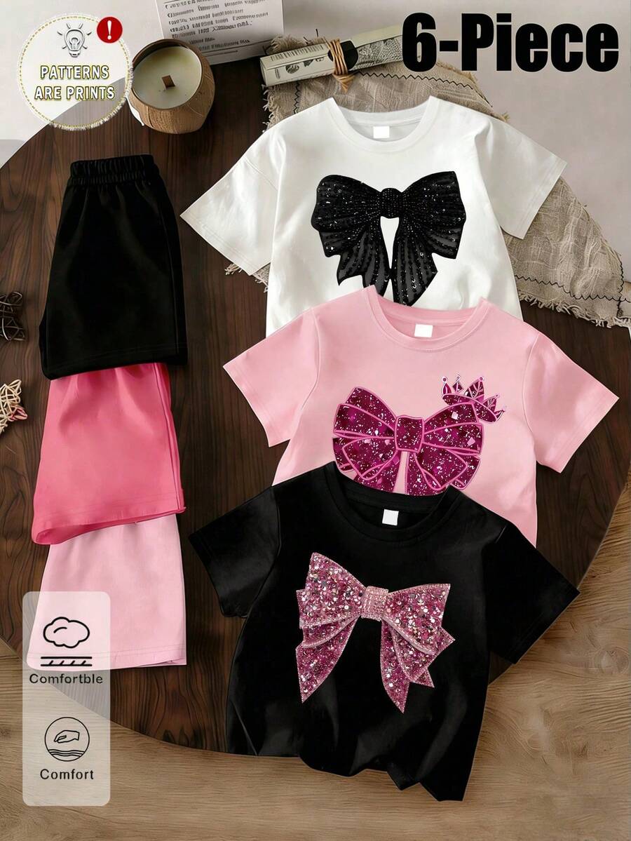 6-Piece Set Girls' Spring/Summer Fashion Creative Unique Fresh Cute Bow Print T-Shirt Shorts Set, Comfortable Daily Wear - Multicolor - View 1