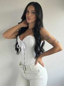 ZGQNBelle Women White Vintage Jacquard Corset Top Renaissance Floral Bustier Front Busk Lace Up Back Ruffle Trim Shaper - White - View 5