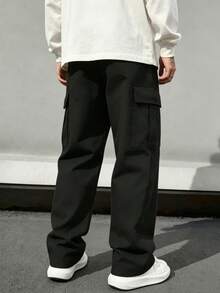 2件組大尺碼男士多口袋工裝褲，寬鬆直筒運動通勤休閒長褲，春秋款 - 黑色 - 查看 3