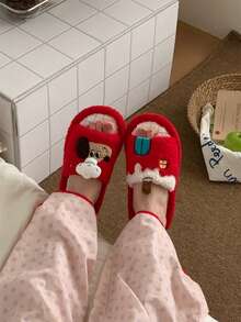 XIXITIAO Cute Color-Block Chef Puppy Plush Soft-Soled Home Slippers, Comfortable Slippers With Color-Block Checkered Polka-Dot Sole, Ideal For Home & Parties - Red - View 6