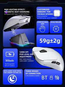 AULA SC380 Pro Gaming Mouse, Wireless & Bluetooth, Lightweight Design, Triple-Mode Connection, RGB Magnetic Charging Dock Bundle, 12000 DPI, Ergonomic Grip, Ideal For Gaming, Home And Office Use, Multi-Device Compatible, Long Battery Life - View 4