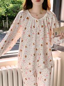 2pcs Women's Pajama Set, Cute Bear, Bow, Ditsy Floral Round Neck Button-Down Korean Style Long Sleeve Pants, Easy Care Fabric - Multicolor - View 8