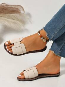 Ximi Ruo Sandalias planas tipo slide estilo coreano casual para mujer, zapatos de verano para uso al aire libre, punta abierta, estilo romano tejido, primavera verano, nueva moda estilo francés, sandalias para mujer para vestidos, playa, arena, apartamento, marrón, planas, de una tira, para uso al aire libre - Beis - Ver 2