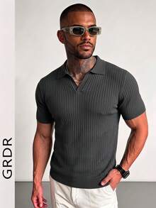 GRDR Men's Summer Airplane Collar Ribbed Solid Color Short Sleeve Knit Sweater, Suitable For Summer Outings, Essential For Fashionable Styling - Dark Grey - View 4