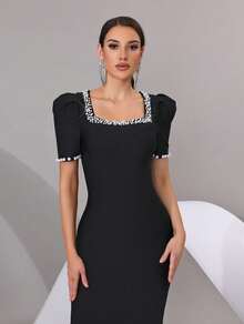 Fashionable Slim Fit Short Puff Sleeve Maxi Dress, Pearl Embellished Square Neck, Sheer Lace Hem, Suitable For Formal Events, Wedding Guests, Parties - Black - View 3