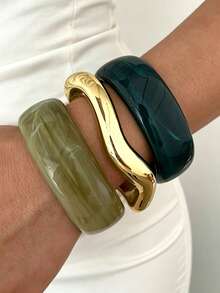 3/1pc Vintage Minimalist Casual Style Women's Ring-Shaped Acrylic And CCB Material Green Open Bangle, Suitable For Daily Wear, Stackable, Perfect Gift For Holidays - Green - View 7