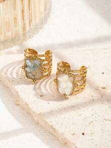 2pcs Stainless Steel Fashion Elegant Gold-Tone Open Ring Set, Inlaid With Blue And White Crushed Stones (Each One Is Different, Please Consider Carefully Before Buying), Suitable For Women's Daily Wear Or Gift Giving - Yellow Gold - View 6