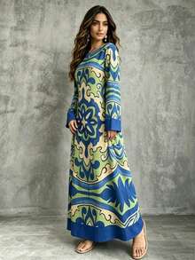 Women's Autumn/Winter Arabic Traditional Turkish Long Dress, A-Line Long Kaftan Robe Jalabiya Vacation Fall - Blue - View 6
