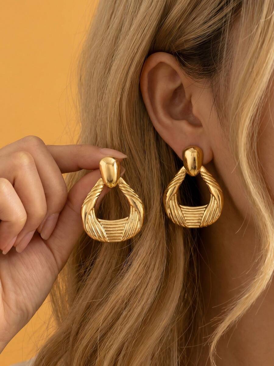 Chunky Ribbed Hollow Teardrop Dangle Earrings For Women Stainless Steel Hypoallergenic Twill Textured Retro Open Drop Women Statement Jewelry Gifts