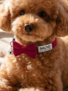 1pc Personalized Velvet Cat Collar With Detachable Bow And Bell. Customizable Engraved Anti-Lost Pet ID Tag With Name And Contact Information. Suitable For Small-Medium Cats And Dogs. Stainless Steel Pet Jewelry. - Red - View 6