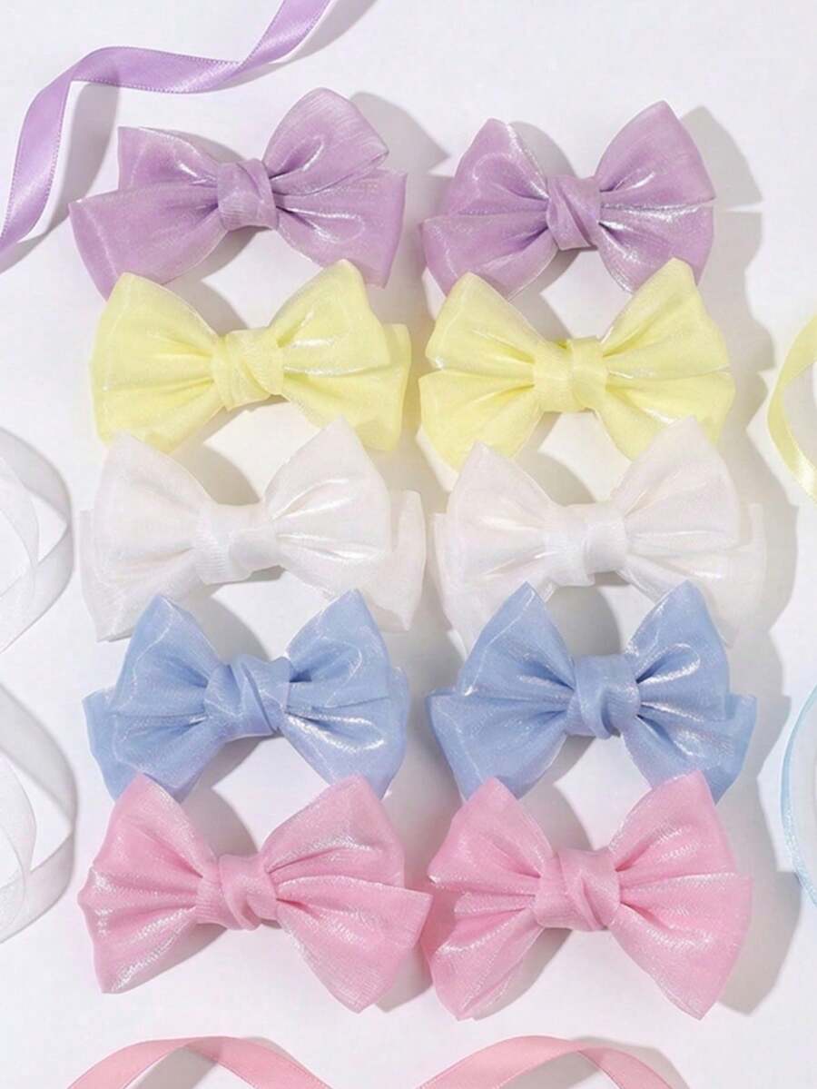 10pcs Macaron Color Pearl-Finish Tulle Hair Bow Clips,Purple Blue White Yellow Pink Hair Clips,Super Fairy,Teens Girls Hair Accessories For Daily - Multicolor - View 1