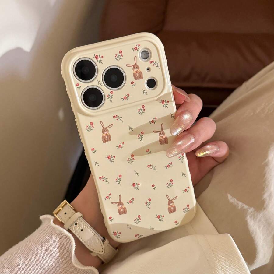Kavenfort Grapefruit White Rabbit Red Flower Cluster Rabbit Apple 17 Phone Case, Compatible With IPhone 17 Pro Max, Anti-Drop 16, Fresh And Cute 15 Soft Shell, Cute Girl Style, Creative Geometric, Cartoon Style, Fresh And Minimalist, Niche, Style - Grapefruit White - View 1
