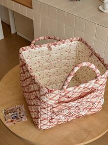 Quilted Diamond Bowknot Storage Basket, Large And Small Sizes, Handheld Desktop Organizer Bin - Red - View 7