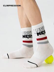 CLIMPRESSION Men's Pure Cotton Mid-Calf Socks, Classic Letter NEST Print, Red & Grey Striped Cuff, Breathable Preppy Casual Socks - White - View 6