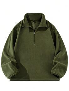 Mercer Haus Men's Solid Color Half-Zip Fleece Jacket, Loose Fit Warm Top For Autumn/Winter - Army Green - View 4