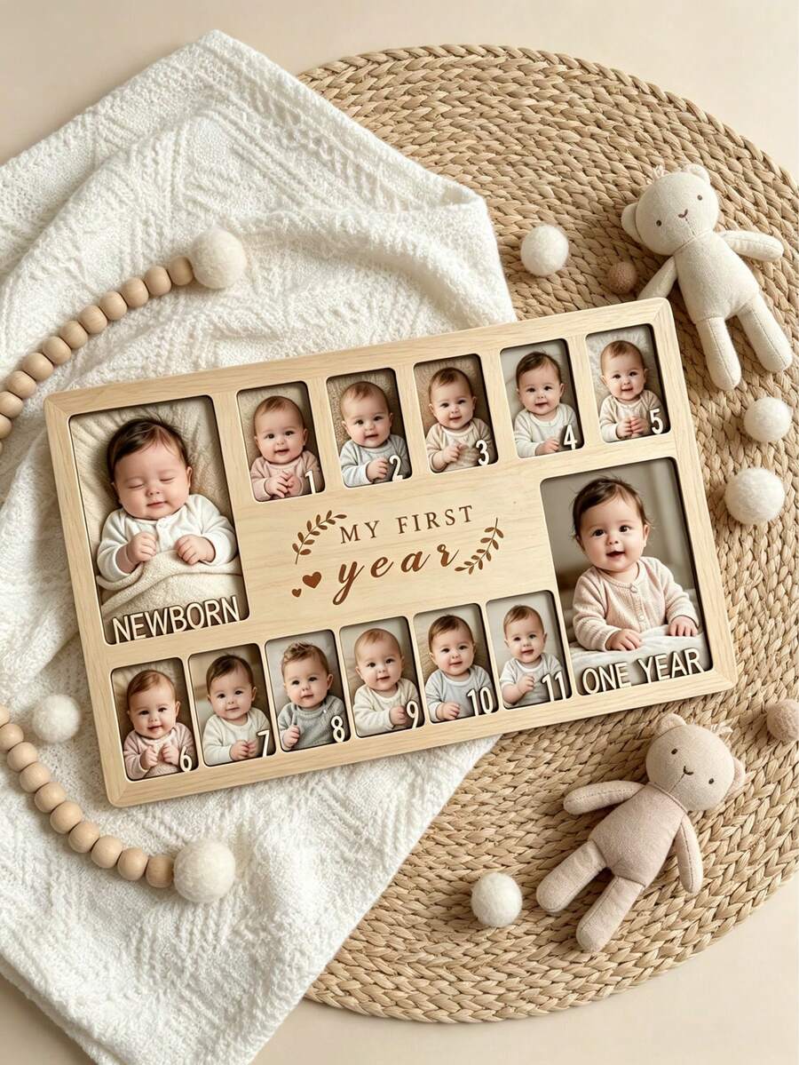 My First Year Wooden Photo Frame, 12 Months Milestone Photo Display, Newborn Keepsake & 1st Birthday Decoration Gift - Multicolor - View 1