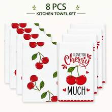 2pcs Cherry Pattern Kitchen Towels, Cloth Napkins, Home Decor, Kitchen Towel Set, Western Home Decor, Room Decor, Gift, Wedding Decor, Dish Cloth, Decorative Towels, Machine Washable, Kitchen Decor Hand Towels, Holiday Gift And Cleaning Supplies - Multicolor - View 9