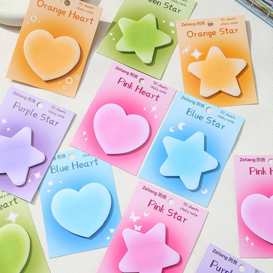 30pcs/Pack Heart/Star Shaped Sticky Notes, Total 5 Pads 150 Sheets, Multi-Purpose Convenient Notes, Can Be Written On, For Students, Office, Home Self-Adhesive - one-size - View 1