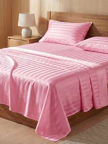 2/3Pcs Satin Striped Bed Sheet Set, Soft & Breathable, Wrinkle-Resistant, (1 Flat Sheet + 1/2 Pillowcases, No Filling) Suitable For All Seasons, Soft & Comfortable, Ideal For Dorm Students, Home Bedroom, Guest Room, Multi-Color Soft & Durable, Extra Large Bedding, Suitable For Travel And Dorm - Pink - View 6