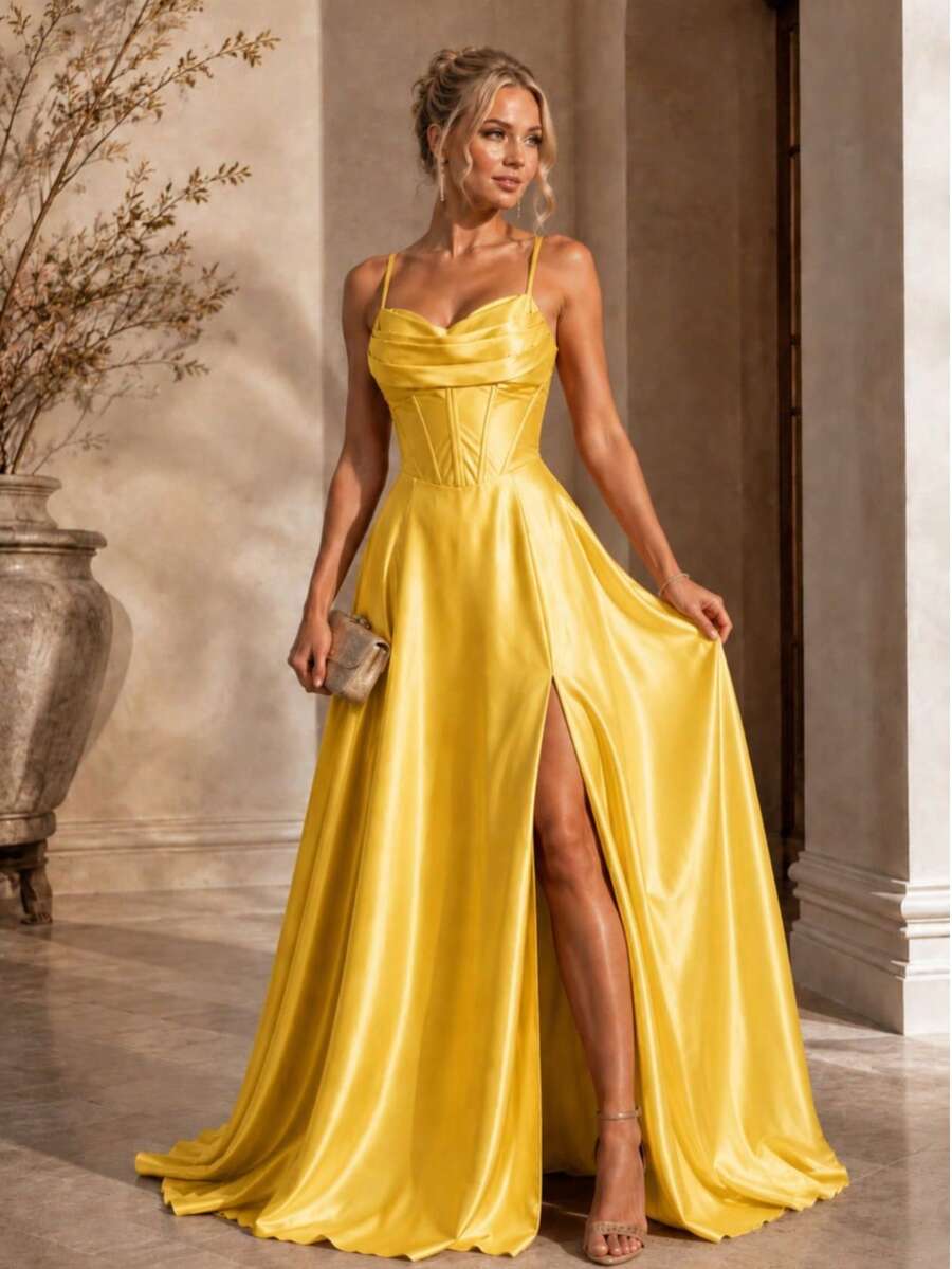 Bridesmaid Dress For Parties, Graduations, And Guests, Princess Style, Satin With A Braided Back. - Amarillo - Ver 1
