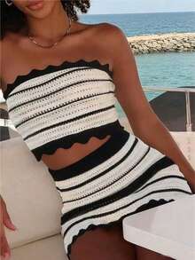 Elegant Bohemian Style Knit Women's Set, High Elasticity Fitted Design, Ruffle Hem Strapless Crop Top Paired With Elastic Waist Bodycon Skirt, Sexy Contrast Color Striped Hollow-Out 2-Piece Set, Suitable For Summer Casual, Beach, Holiday, Party Wear - Black and White - View 6