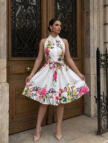 Women Botanical Floral Print Halter Shirt Dress Rhinestone Collar Sleeveless Self Tie Belt A-Line Swing Mini Dress Vacation SundressDaily Casual - Multicolor - View 1