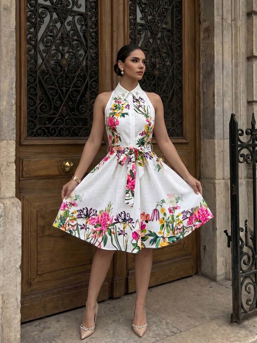 Women Botanical Floral Print Halter Shirt Dress Rhinestone Collar Sleeveless Self Tie Belt A-Line Swing Mini Dress Vacation SundressDaily Casual - Multicolor - View 1