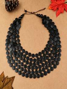 Handmade Multi-Layer Exaggerated Wooden Bead Necklace, Boho Style Bib Necklace For Women, Suitable For Beach, Party, Middle Eastern Formal Events - Black - View 1