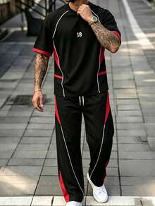 Men's Black & Red Colorblock Number 18 Print Casual Short Sleeve Shirt & Wide Leg Pants Set - Multicolor - View 3