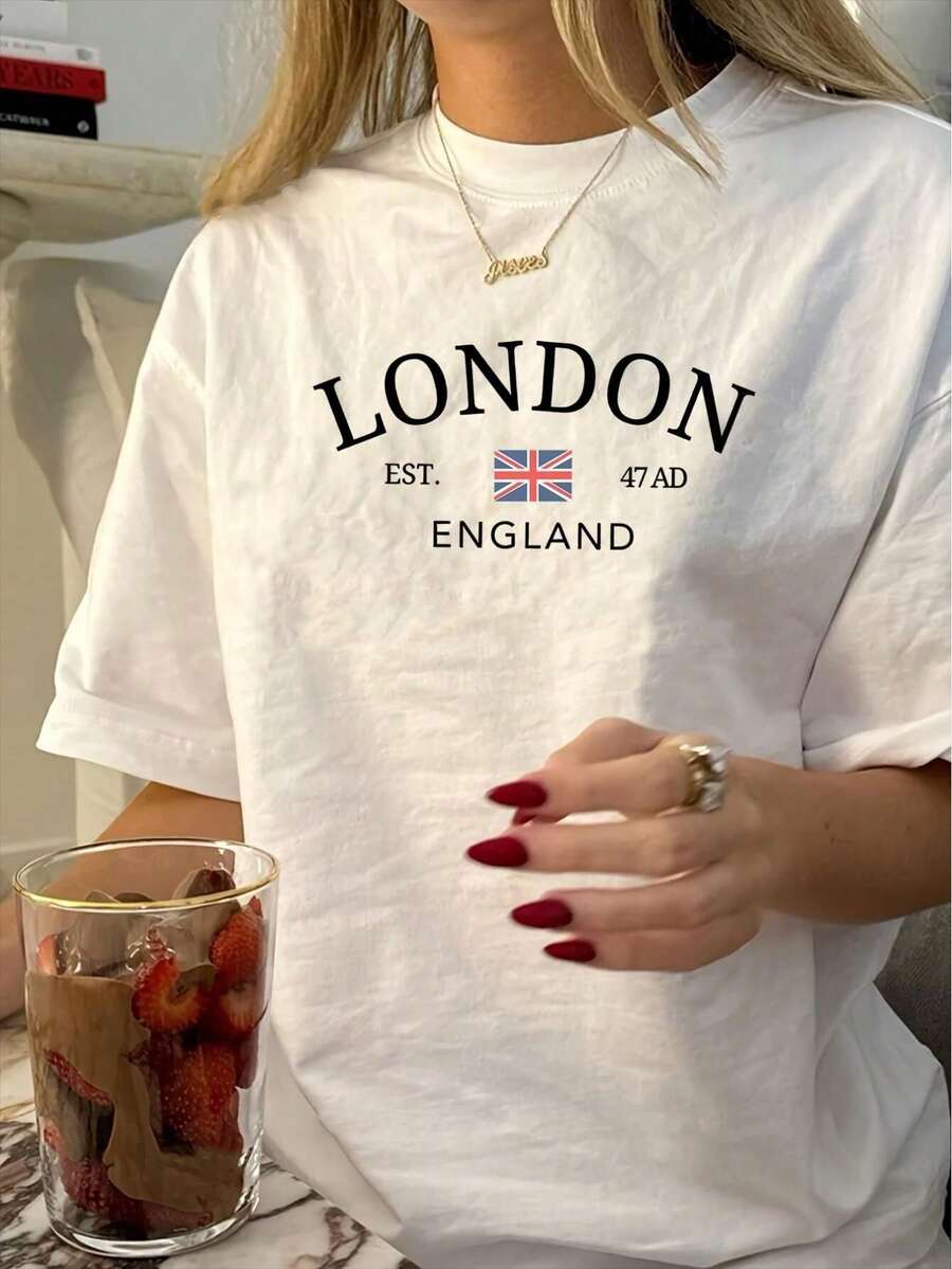 Damen T-Shirts,1pc Vintage London Print T-Shirt For Women, Geometric Pattern, Crew Neck, Short Sleeve, Regular Length, Knit 100%Cotton Fabric, Summer - White - View 1