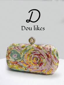 Oil Painting Style Colorful Beaded & Sequin Handheld Evening Clutch, Hand-Stitched Colorful Sequins And Beads Interwoven Into Fluid Vortex Texture, Rhinestone Inlaid Handle Design Complementing The Rhinestone Lock, Suitable For Wedding, Evening Party, Birthday Party, Vacation, Date, Daily Wear - Multicolor - View 2