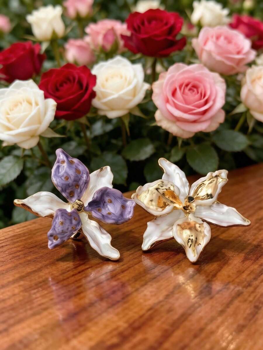 1pc Handmade Glazed White Flower Ring, Gilded Mottled Vintage Design, Niche Artistic Women's Jewelry - Multicolor - View 1