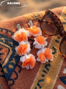 Bohemiska långa örhängen med orange meshblomma, lätta dinglande örhängen i chiffong, personlig vintage-stil - Orange och vitt - Visa 3