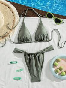 女款純色亮面三角掛脖比基尼兩件套，適合海島度假穿著，沙灘夏季款 - 軍綠色 - 查看 2