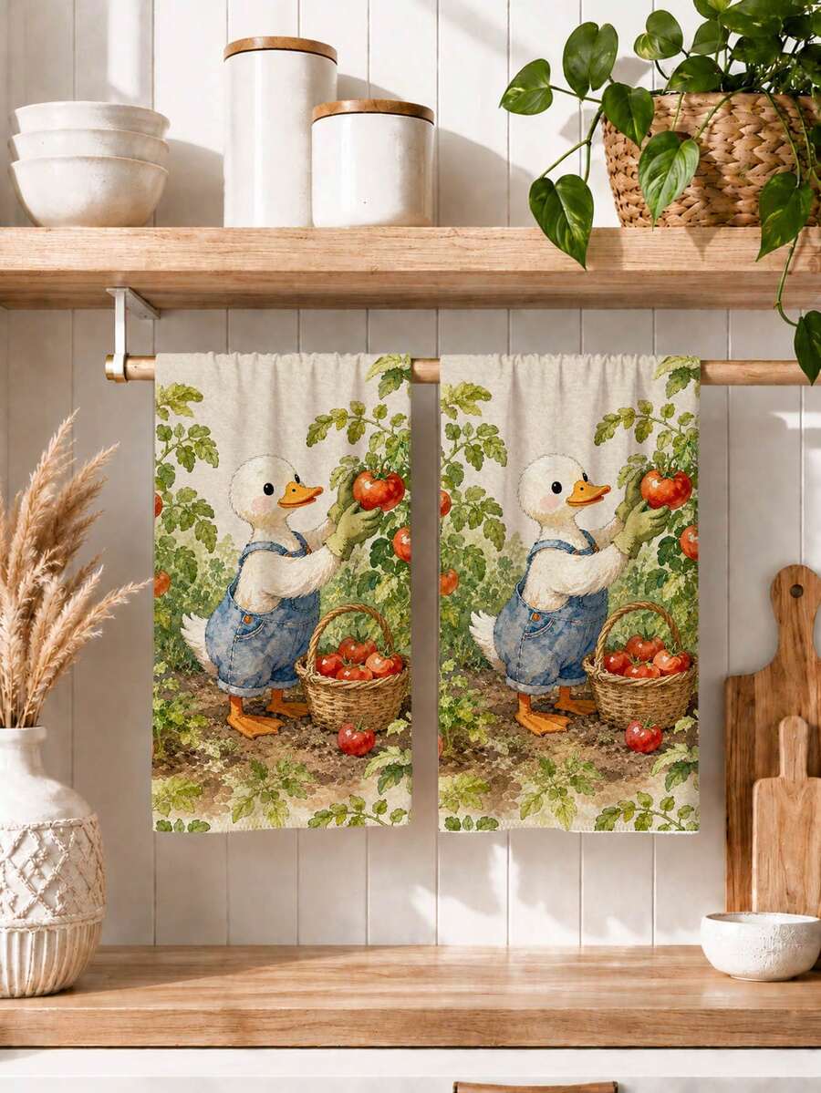 2 Stücke minimalistische niedliche Küchentücher mit Farm-Tomaten- und Entenmuster, weiche Polyester-Geschirrtücher, geeignet für Küchendekoration, Küchenreinigung, Feiertags-Party-Dekoration, Küchen- und Badezimmerbedarf, Haushaltsartikel, Heimdekoration, Einweihungsgeschenk - Verschiedenfarbig - Übersicht 1