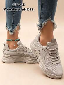 Women's Casual Retro Thick Sole Round Toe Sneakers, Suitable For Outdoor Activities, Mesh Material, Lace-Up Style, Suitable For Spring And Summer - Light Grey - View 6