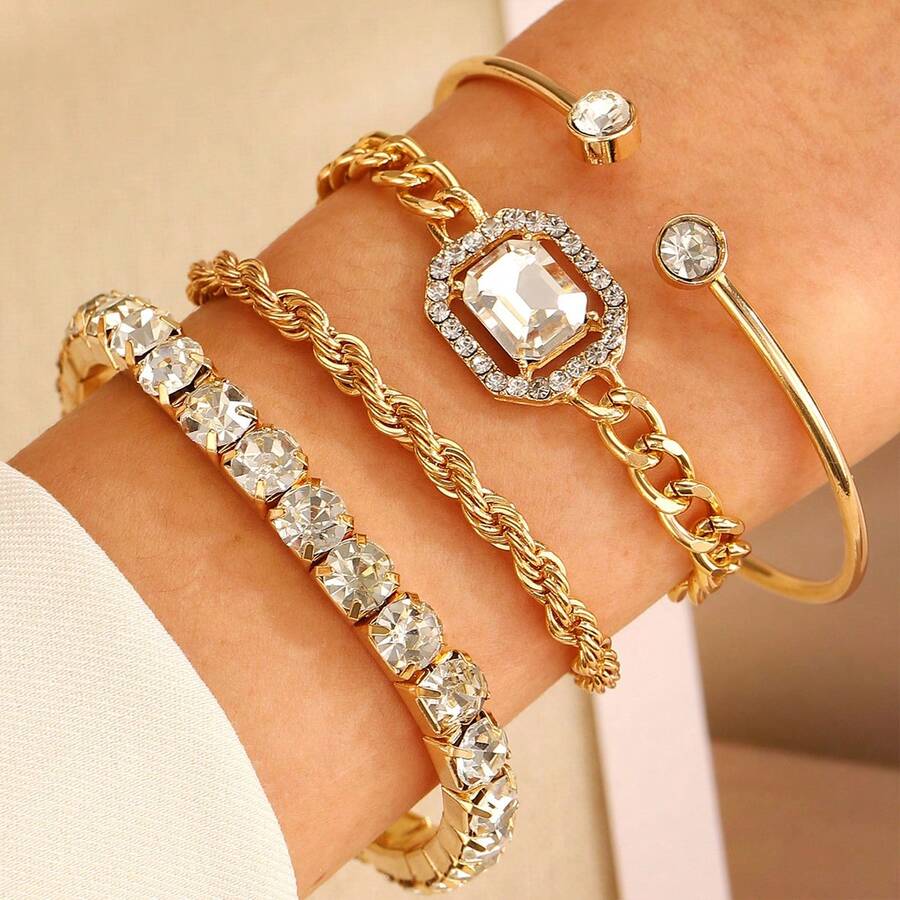 4pcs Luxury Fashion Minimalist Personalized Fresh Metal Multi-Layer Stackable Square Rhinestone Chain Bracelet Set For Women, High-Selling Popular Bracelet Set Suitable For Daily Wear And Office - Yellow Gold - View 1