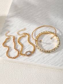 4pcs Luxury Fashion Minimalist Personalized Fresh Metal Multi-Layer Stackable Square Rhinestone Chain Bracelet Set For Women, High-Selling Popular Bracelet Set Suitable For Daily Wear And Office - Yellow Gold - View 4