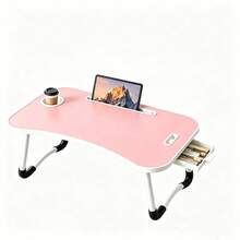 Foldable Laptop Desk Bed Tray Table, Portable Large Lap Desk With Cup Holder, Tablet Holder & Storage Drawer, Multi-Function Bedside Table For Work, Study, Reading, Eating On Bed, Sofa & Couch - Pink - View 3