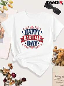 Vintage Happy Bastille Day Sports T-Shirt, Plus Size, Summer Tops - 白色 - 查看 1