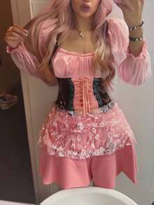 Women Pirate Costumes Contrast Long Sleeve Short Dress Halloween Cosplay Clothes For Party Club Stage - Pink - View 4