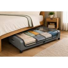 Large Bed Storage Box On Wheels, Fabric Dustproof Lid, Iron Casters, Under Bed Organizer - Grey - View 1