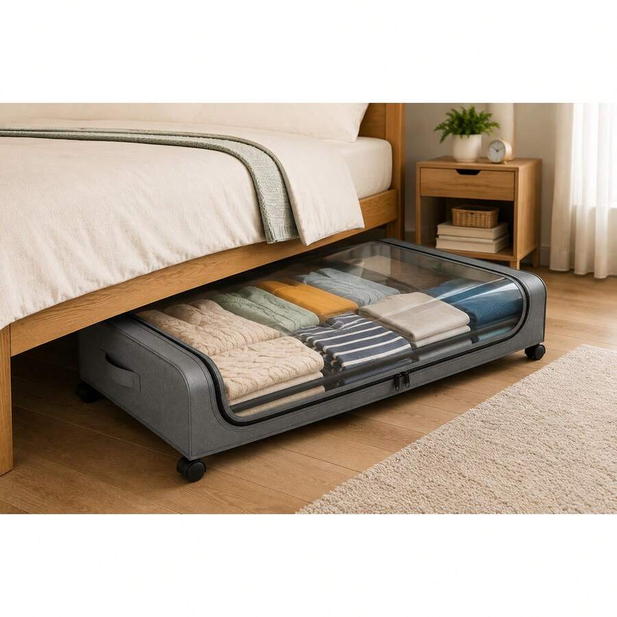 Large Bed Storage Box On Wheels, Fabric Dustproof Lid, Iron Casters, Under Bed Organizer - Grey - View 1